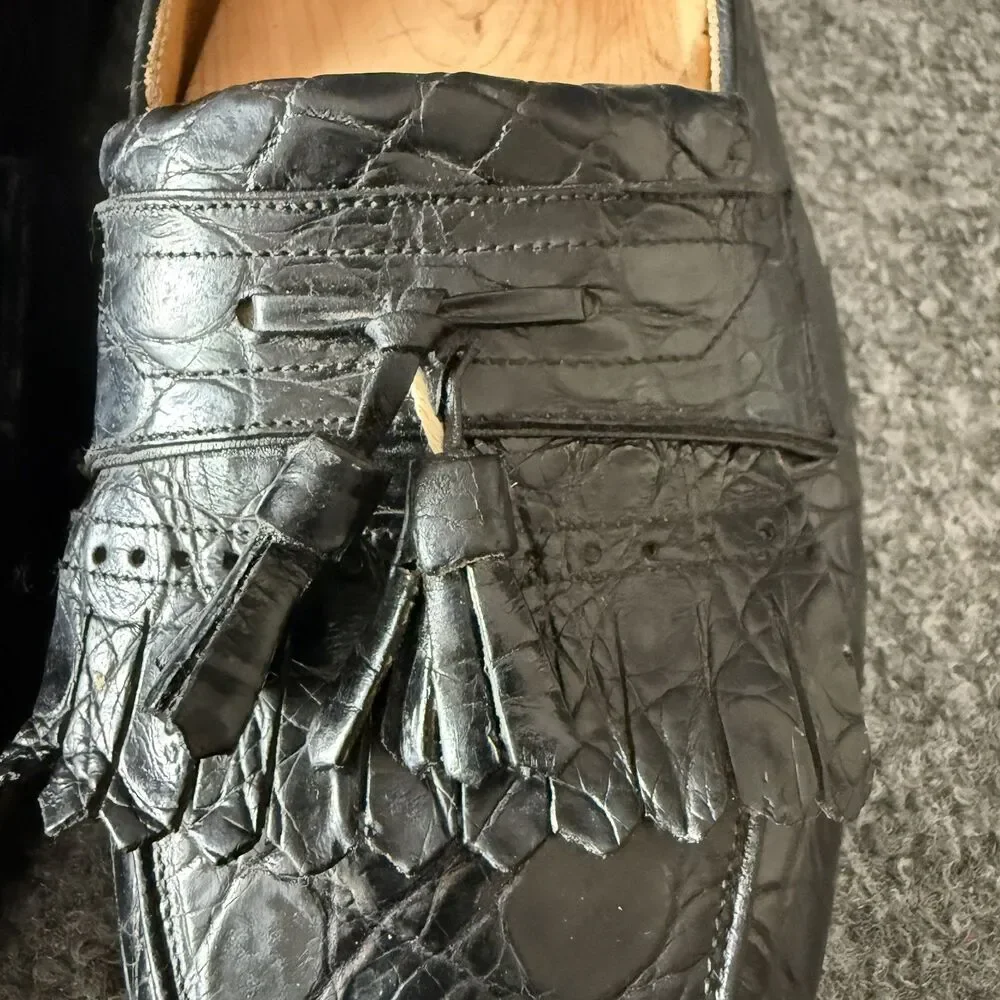 $900 Mezlan Full Genuine CROCODILE ALLIGATOR Shoes Tassel Loafers 11.5 M Black